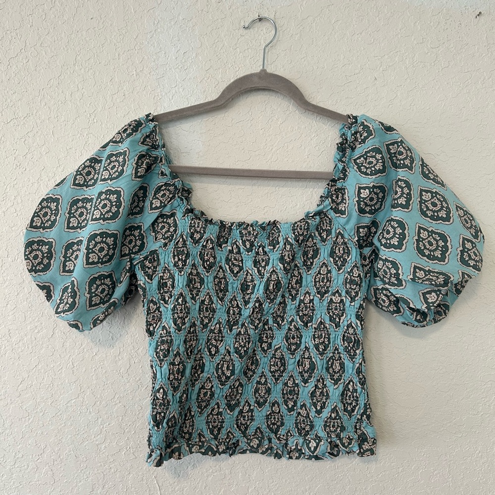 Maurices Blue Smocked Puff Sleeve Crop Top, Boho Milkmaid Cottagecore Summer Top - Picture 2 of 7